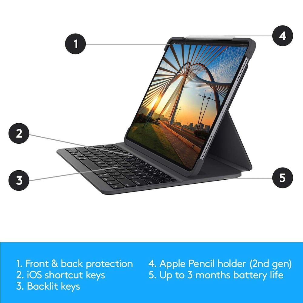 Logitech Slim Folio Pro Backlit keyboard case with Bluetooth for iPad Pro 11-inch (1st, 2nd, 3rd and 4th gen) - Graphite - UK
