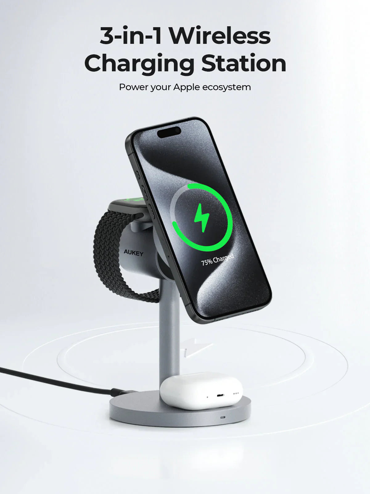 AUKEY MagFusion 3-in-1 Qi2 15W Magnetic Wireless Charger MFI Certified - iSTYLE.mk