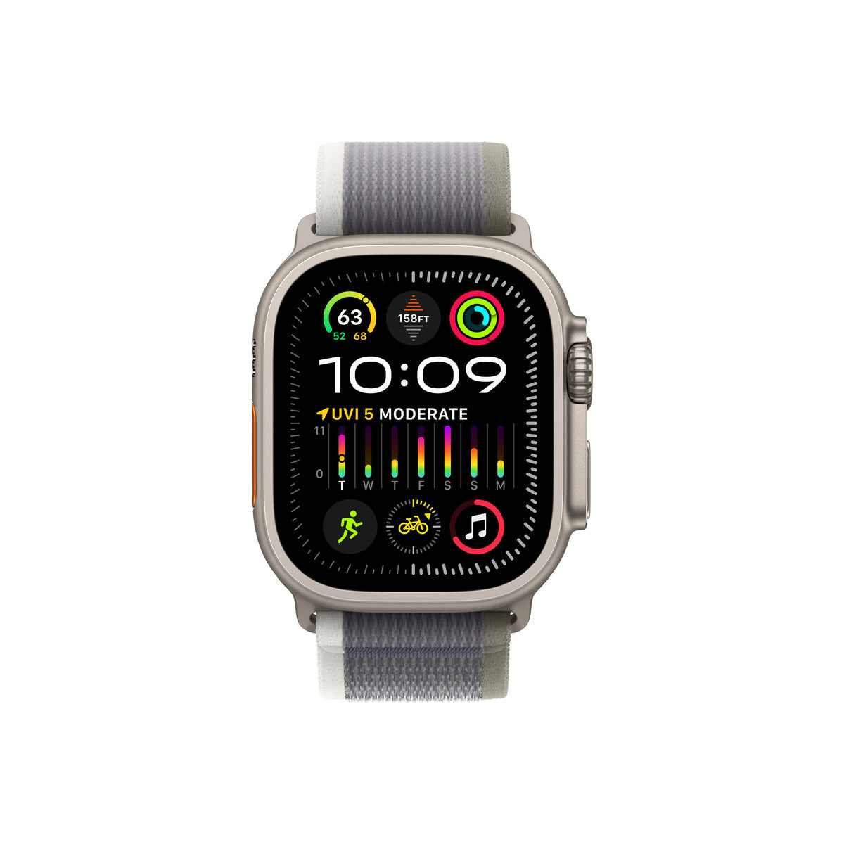 Apple Watch Ultra 2 GPS + Cellular, 49mm Titanium Case w Green/Grey Trail Loop - S/M