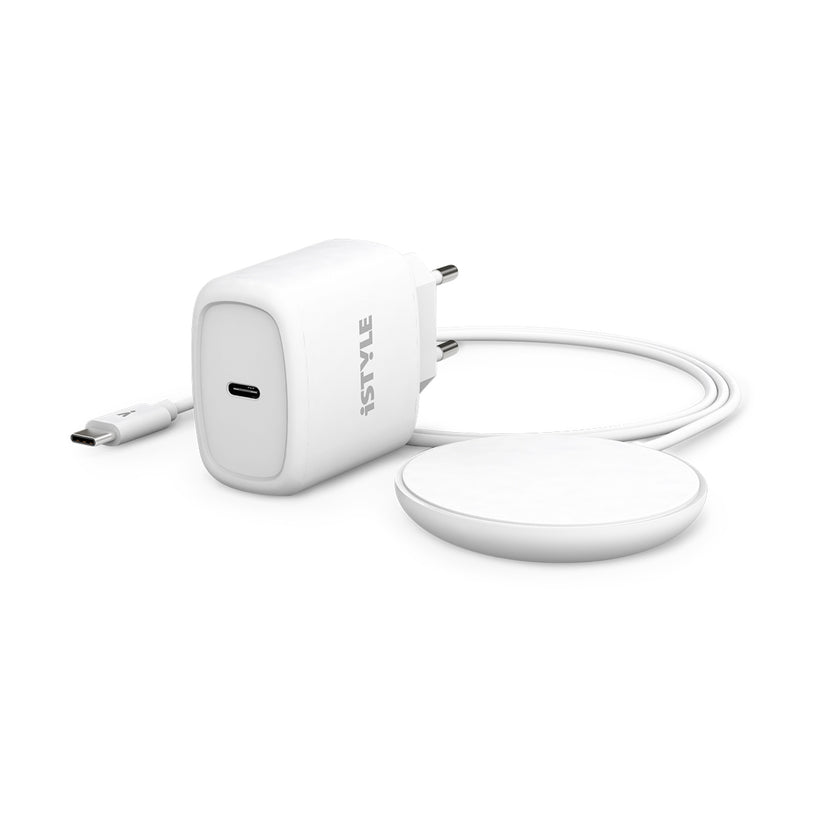 iStyle Magnetic Wireless Charging Cable Bundle 7,5W/15W - With USB-C Cable & 20W PD Charger - white