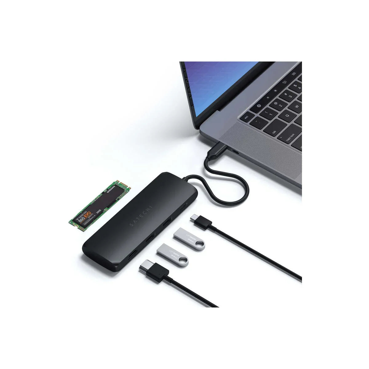 Satechi Aluminium USB-C Hybrid Multiport adapter (SSD Enclosure, HDMI 4K, 2 x USB-A 3.1 Gen 2 up to 10 Gbps) - Black